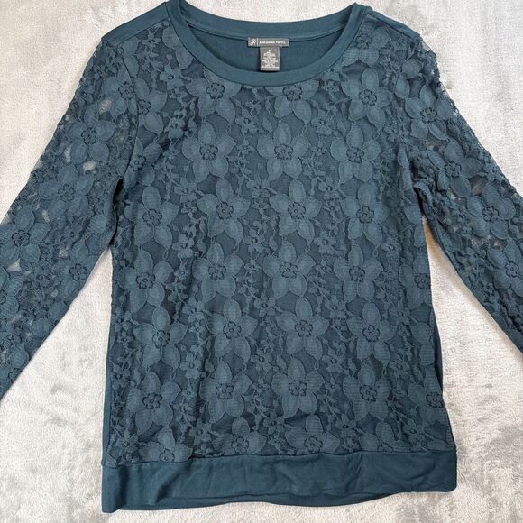 Adrianna Papell Women’s Small Lace Top Dark Pine Green Long Sleeve Crew - Picture 2 of 8